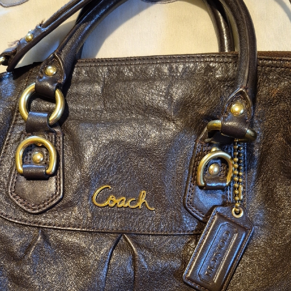 Coach Brown Leather Shoulder Bag with Gold Accents